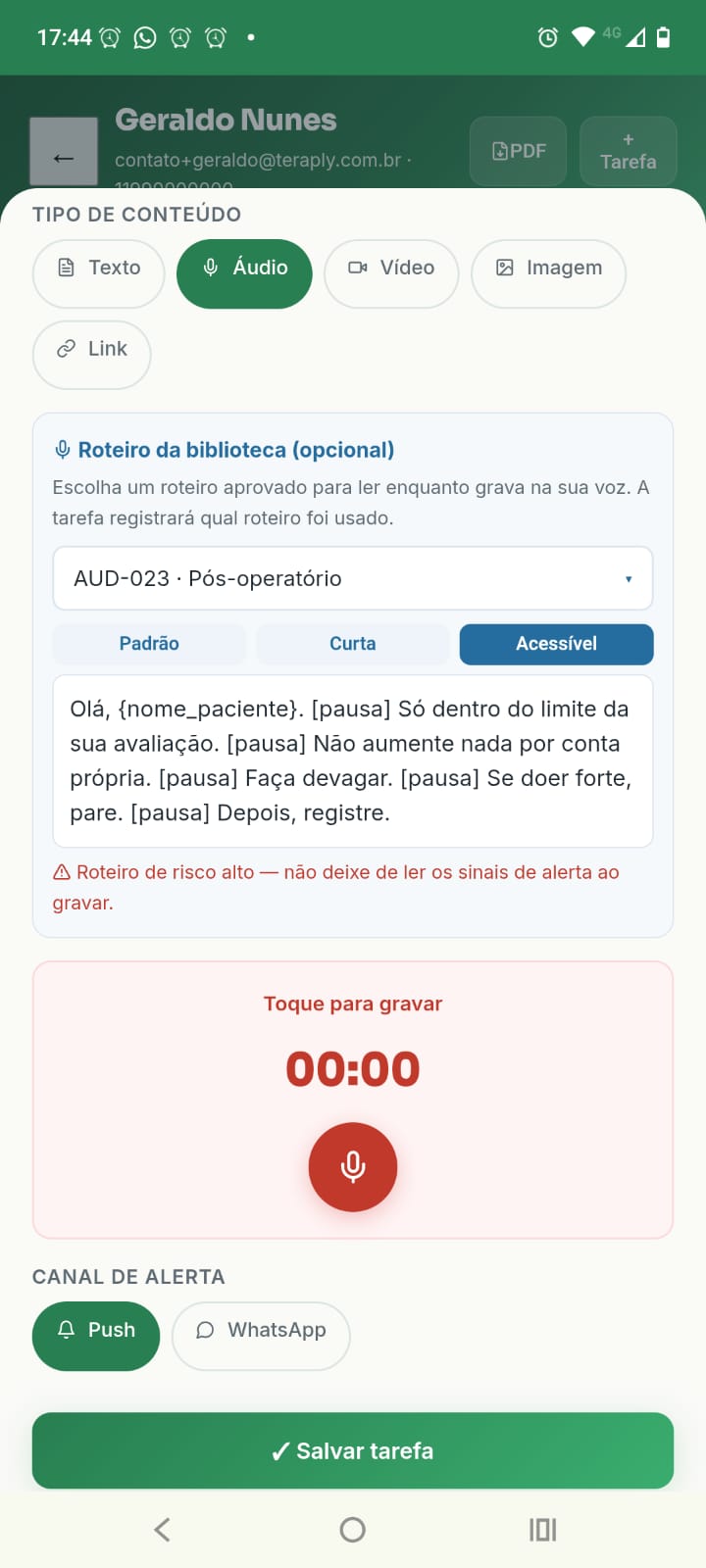 Gravação de áudio no Teraply com um roteiro clínico selecionado da biblioteca