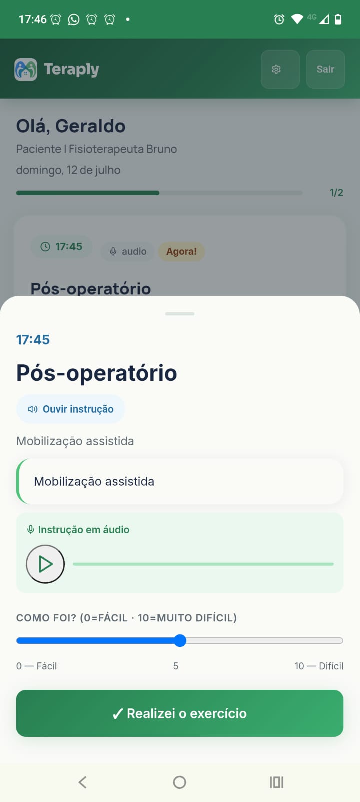 Tela do paciente no Teraply: agenda do dia com botão grande para começar o exercício